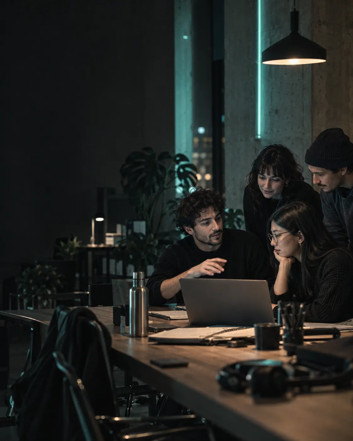 Desarrolladores colaborando en una mesa de trabajo
